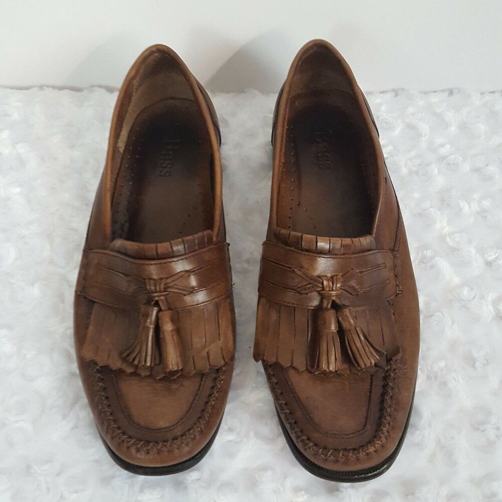 Bass Mens 9.5 Tassel Loafers Brown Kiltie Slip on Tassel Brown Leather Shoes